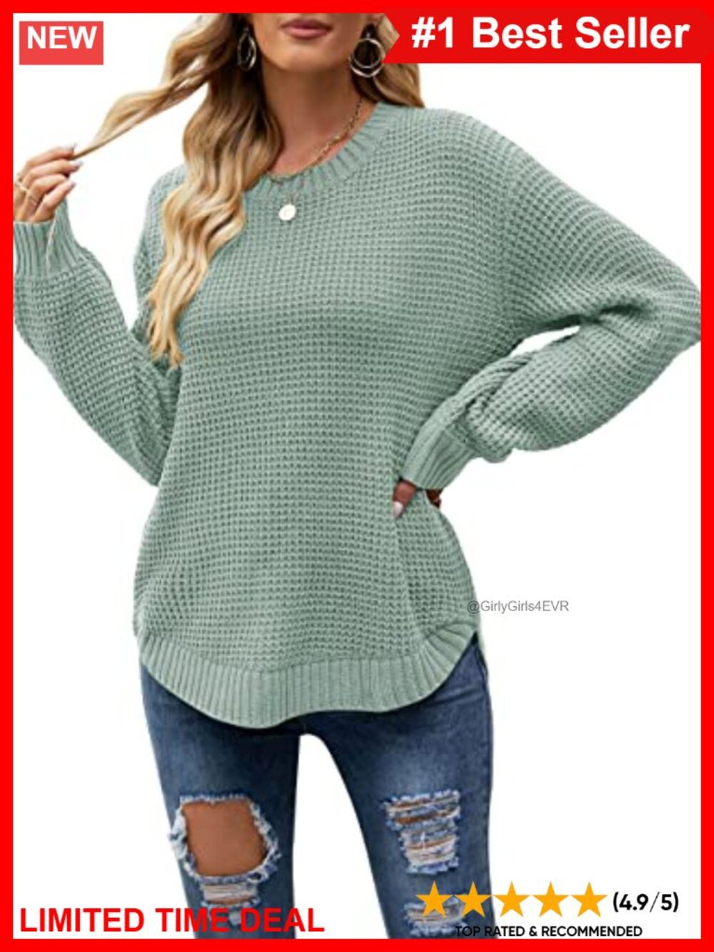 Waffle Knit Oversized Sweater Long Lantern Sleeve Crew Neck Pullover